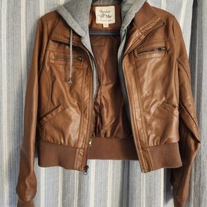 Women's Brown Leather Jacket with Gray Hood